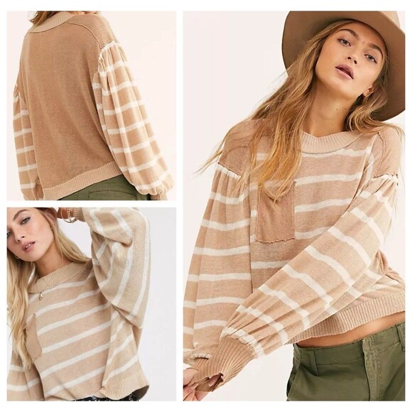 Free‎ People Between The Lines Lightweight Linen Sweater Size Medium in Beige - Picture 1 of 7